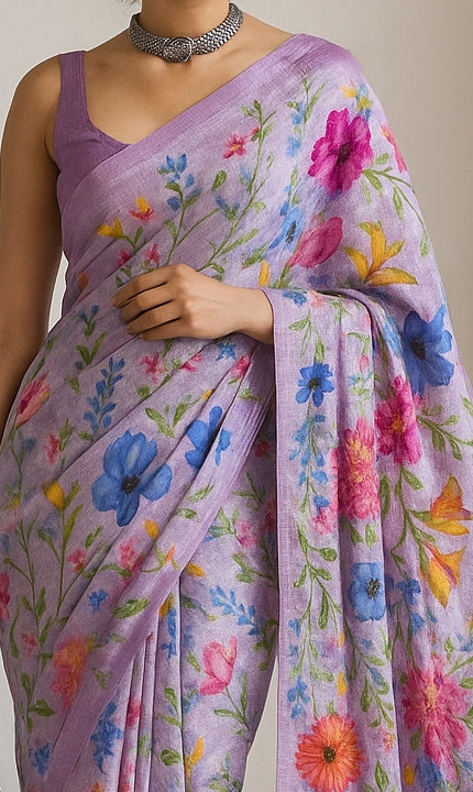 Floral Hand-Printed Pure Tussar Silk Saree FH26