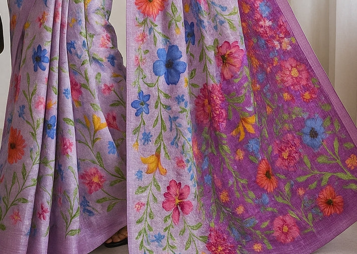 Floral Hand-Printed Pure Tussar Silk Saree FH26
