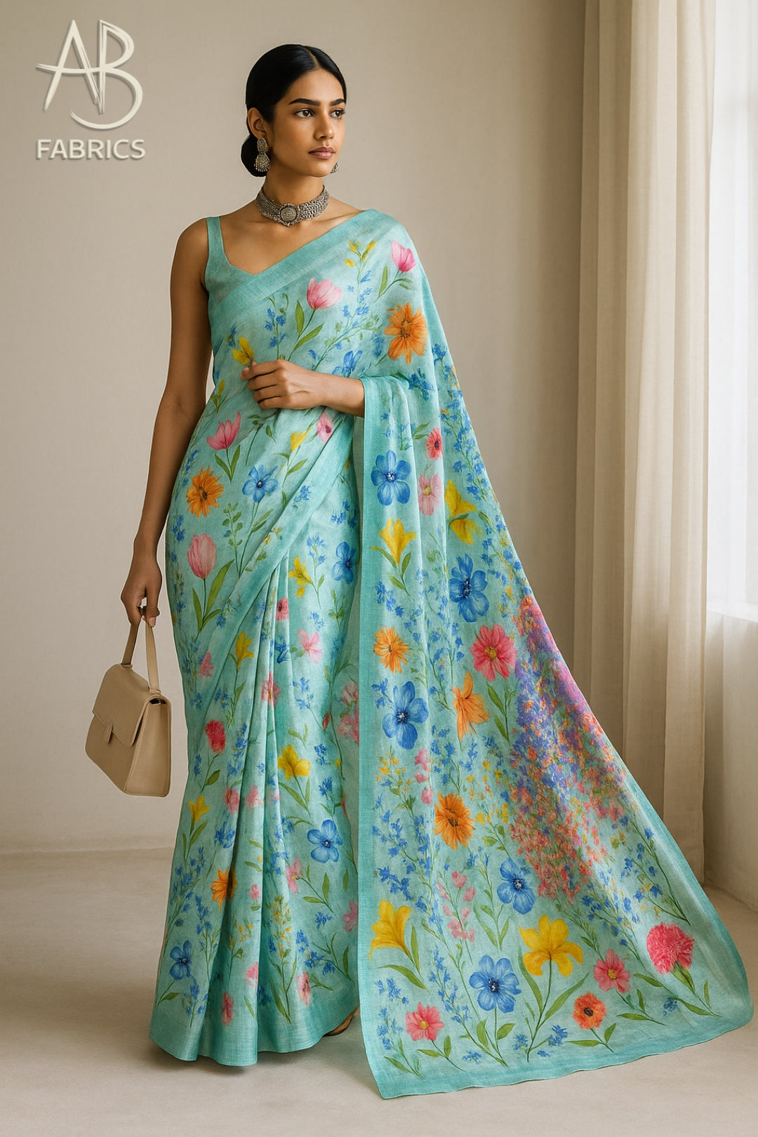 Floral Hand-Printed Pure Tussar Silk Saree FH25