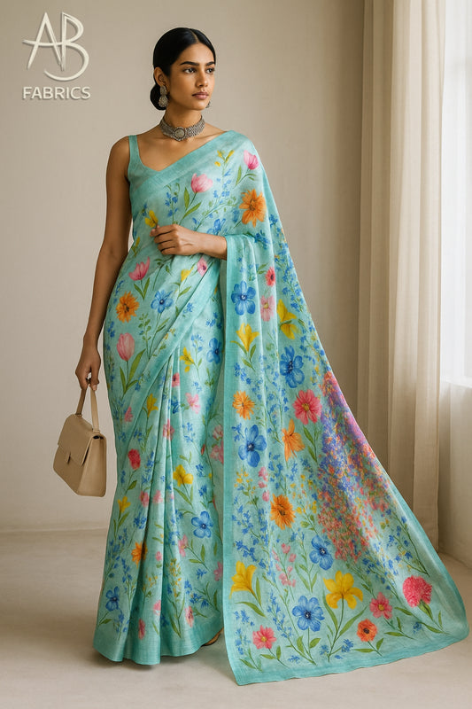Floral Hand-Printed Pure Tussar Silk Saree FH25