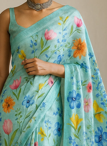 Floral Hand-Printed Pure Tussar Silk Saree FH25