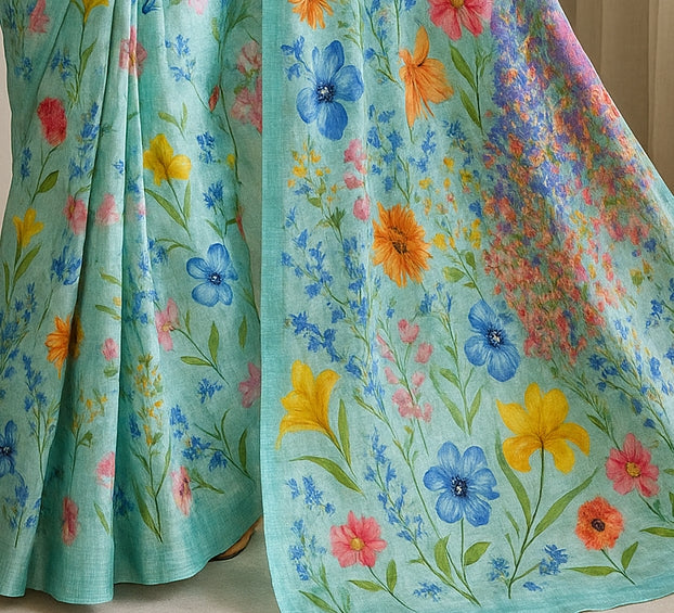 Floral Hand-Printed Pure Tussar Silk Saree FH25