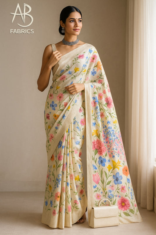 Floral Hand-Printed Pure Tussar Silk Saree FH24