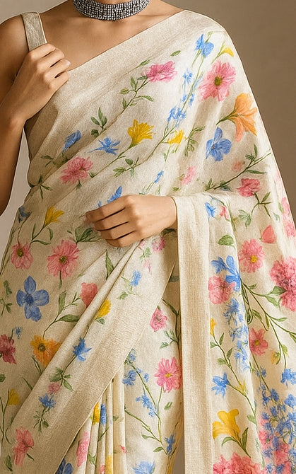Floral Hand-Printed Pure Tussar Silk Saree FH24