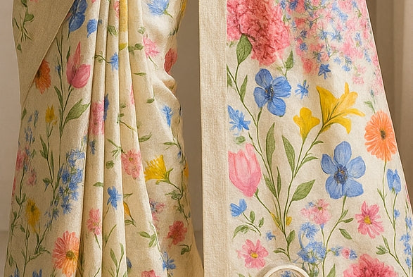 Floral Hand-Printed Pure Tussar Silk Saree FH24