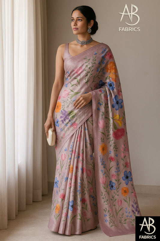 Floral Hand-Printed Pure Tussar Silk Saree FH23