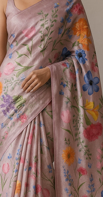 Floral Hand-Printed Pure Tussar Silk Saree FH23