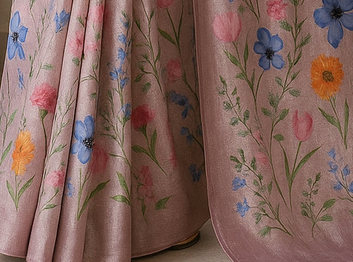 Floral Hand-Printed Pure Tussar Silk Saree FH23