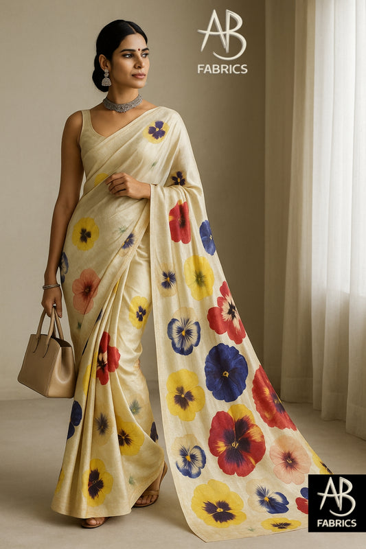 Floral Hand-Printed Pure Tussar Silk Saree FH29