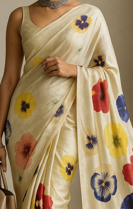 Floral Hand-Printed Pure Tussar Silk Saree FH29