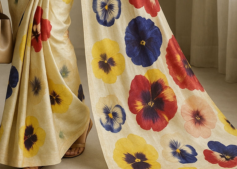 Floral Hand-Printed Pure Tussar Silk Saree FH29