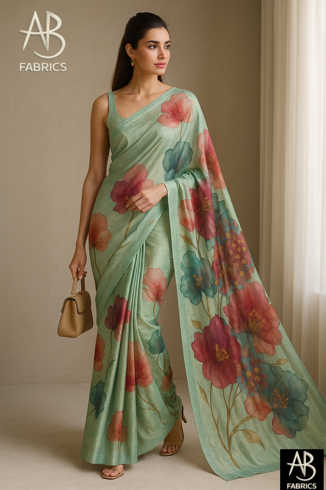Floral Hand-Printed Pure Tussar Silk Saree FH30