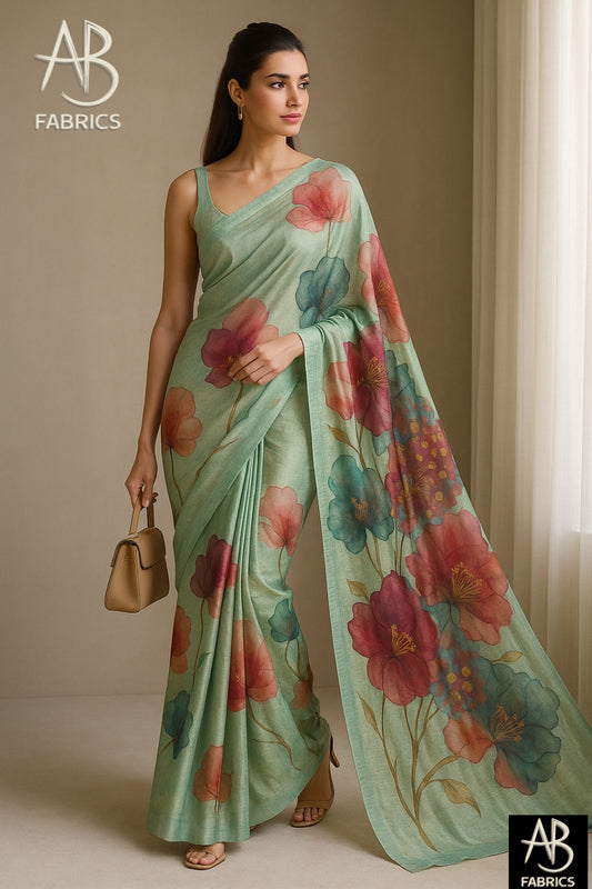 Floral Hand-Printed Pure Tussar Silk Saree FH30