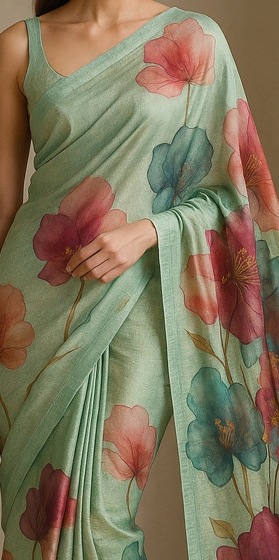 Floral Hand-Printed Pure Tussar Silk Saree FH30