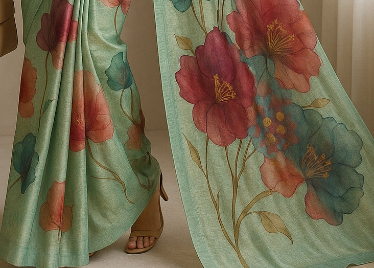 Floral Hand-Printed Pure Tussar Silk Saree FH30