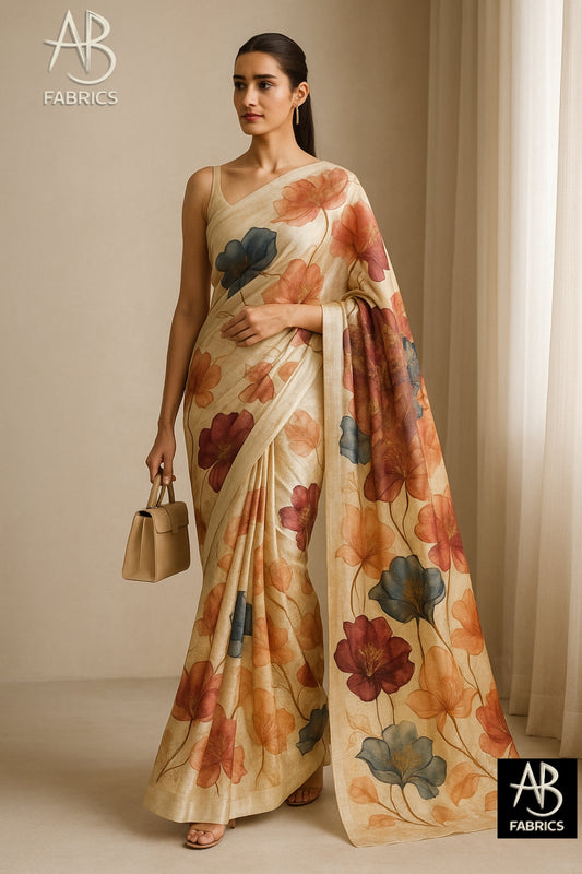 Floral Hand-Printed Pure Tussar Silk Saree FH31