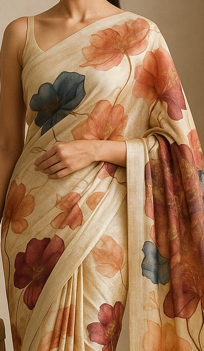 Floral Hand-Printed Pure Tussar Silk Saree FH31