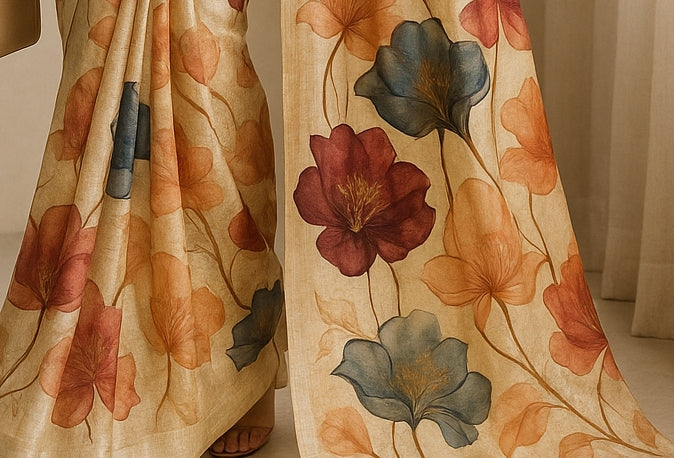 Floral Hand-Printed Pure Tussar Silk Saree FH31