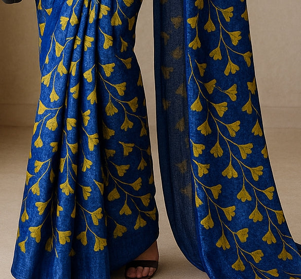 Floral Hand-Printed Pure Tussar Silk Saree FH32