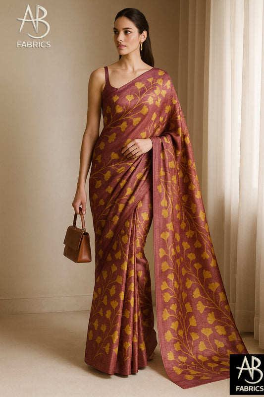 Floral Hand-Printed Pure Tussar Silk Saree FH33