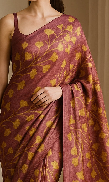 Floral Hand-Printed Pure Tussar Silk Saree FH33