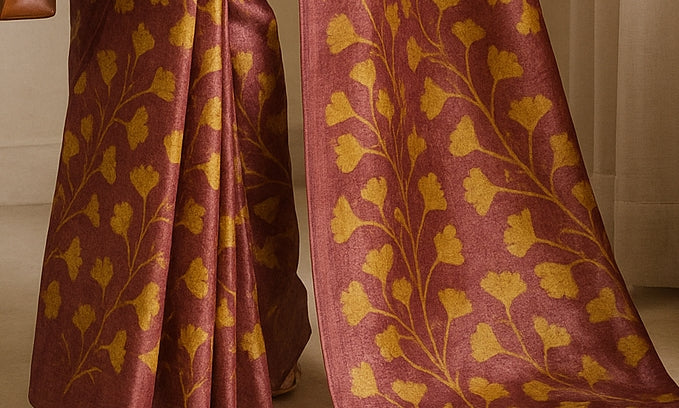 Floral Hand-Printed Pure Tussar Silk Saree FH33