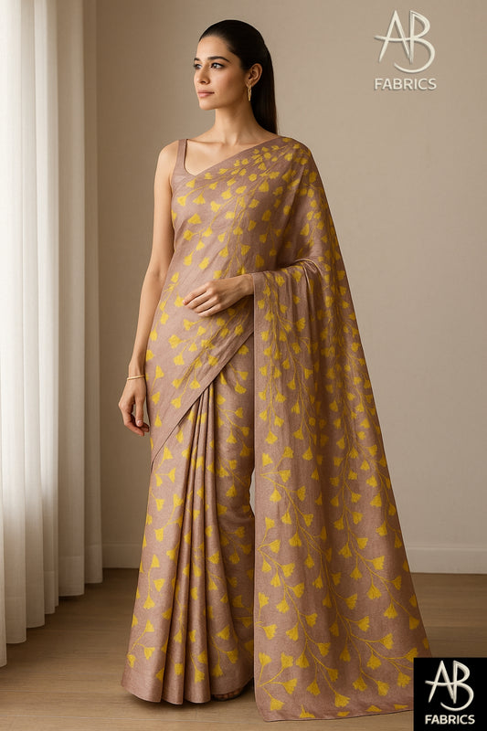 Floral Hand-Printed Pure Tussar Silk Saree FH34