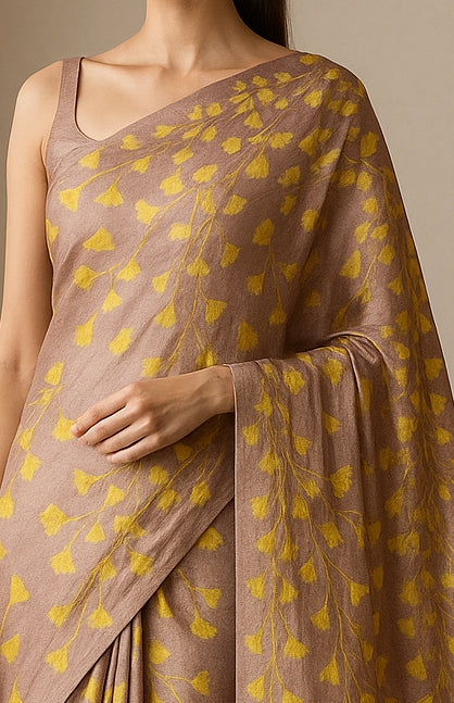 Floral Hand-Printed Pure Tussar Silk Saree FH34
