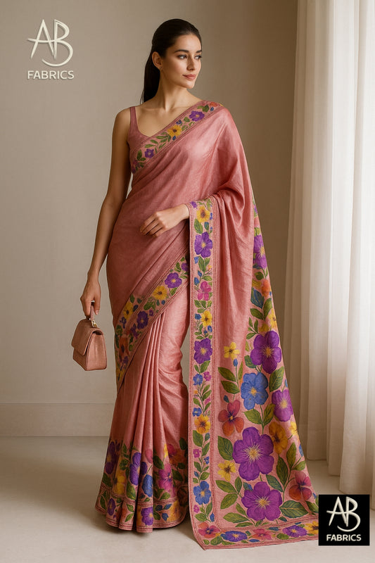 Floral Hand-Printed Pure Tussar Silk Saree FH35