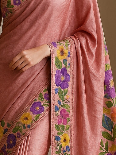 Floral Hand-Printed Pure Tussar Silk Saree FH35