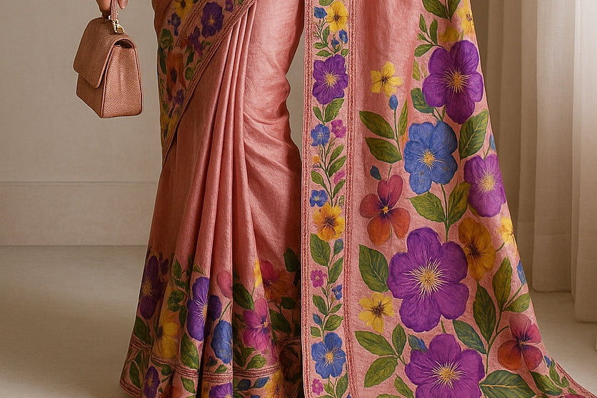 Floral Hand-Printed Pure Tussar Silk Saree FH35
