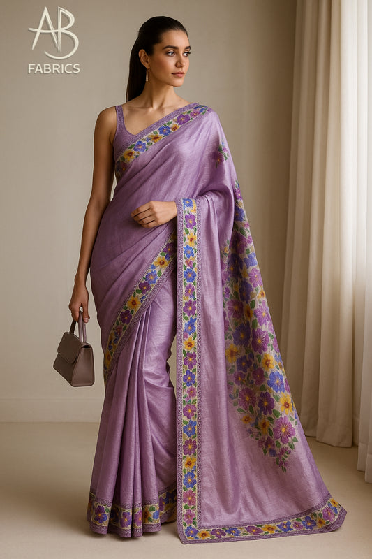 Floral Hand-Printed Pure Tussar Silk Saree FH36