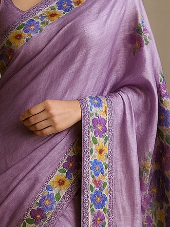 Floral Hand-Printed Pure Tussar Silk Saree FH36