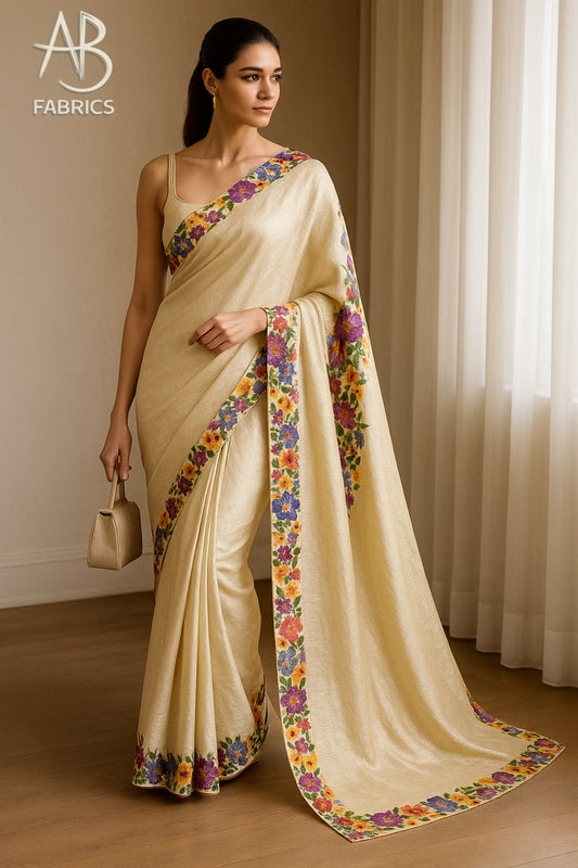 Floral Hand-Printed Pure Tussar Silk Saree FH37