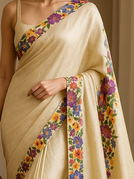 Floral Hand-Printed Pure Tussar Silk Saree FH37