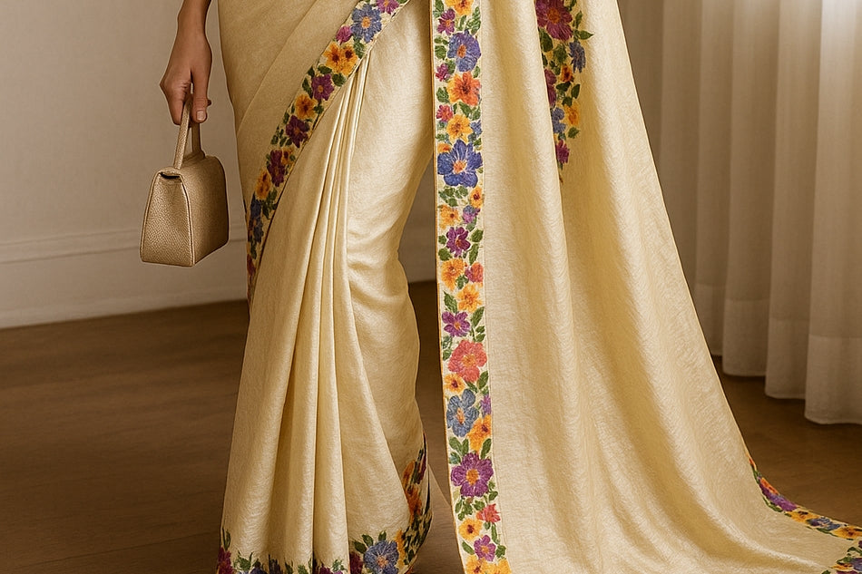 Floral Hand-Printed Pure Tussar Silk Saree FH37