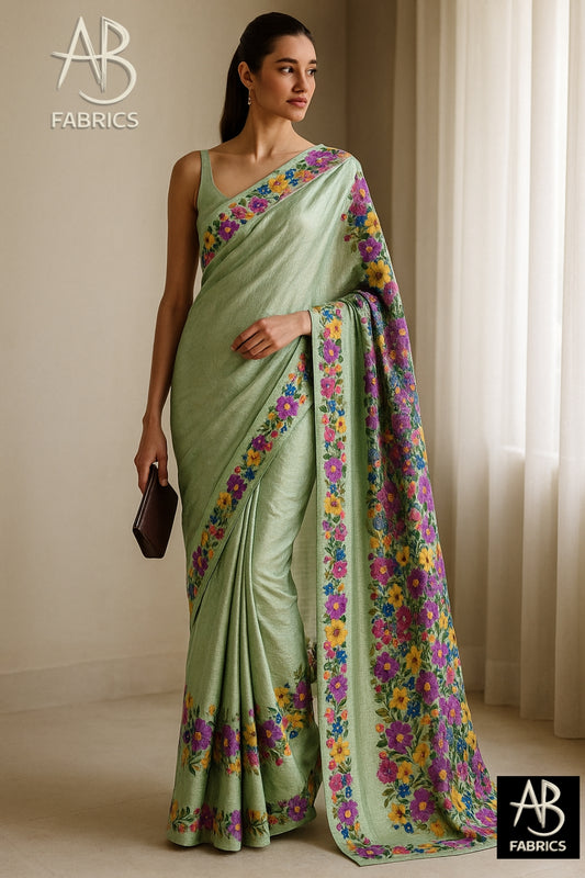 Floral Hand-Printed Pure Tussar Silk Saree FH38
