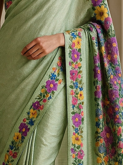 Floral Hand-Printed Pure Tussar Silk Saree FH38