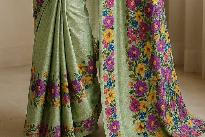 Floral Hand-Printed Pure Tussar Silk Saree FH38