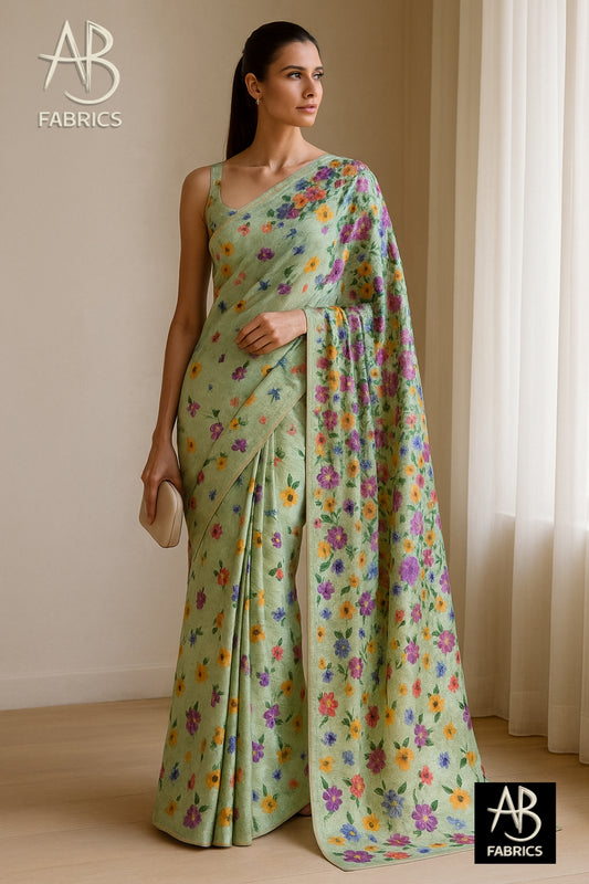 Floral Hand-Printed Pure Tussar Silk Saree FH39