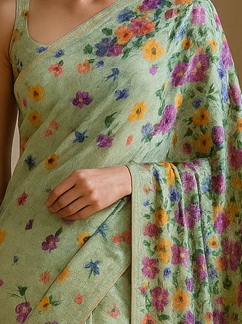 Floral Hand-Printed Pure Tussar Silk Saree FH39
