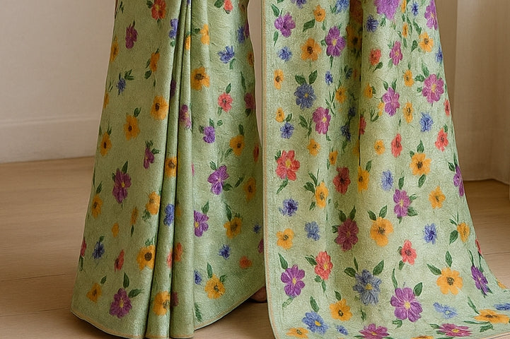 Floral Hand-Printed Pure Tussar Silk Saree FH39