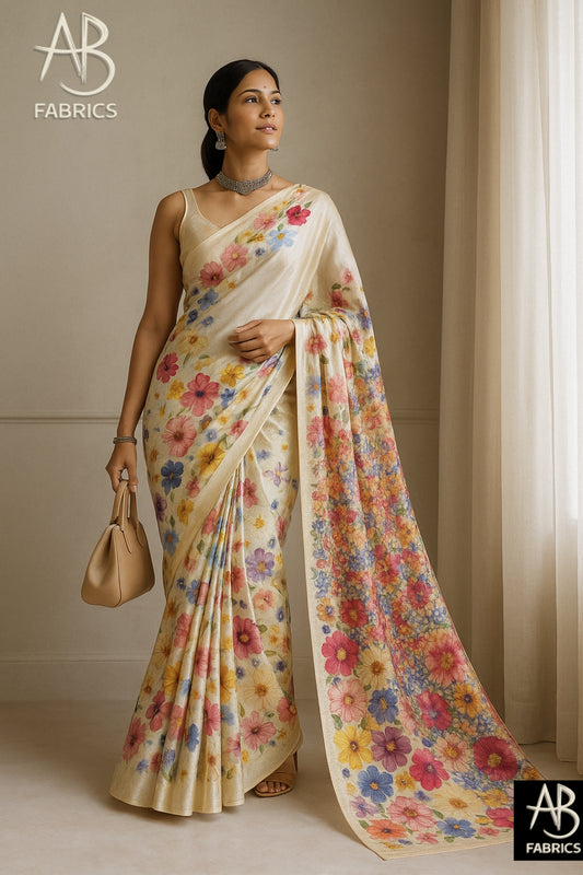 Floral Hand-Printed Pure Tussar Silk Saree FH40