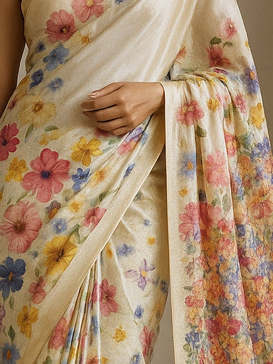 Floral Hand-Printed Pure Tussar Silk Saree FH40