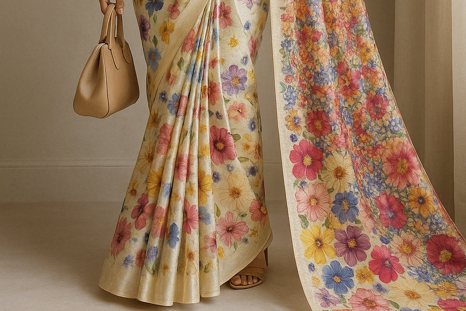 Floral Hand-Printed Pure Tussar Silk Saree FH40