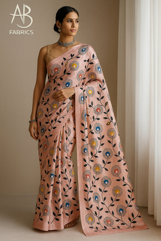 Floral Hand-Printed Pure Tussar Silk Saree FH41