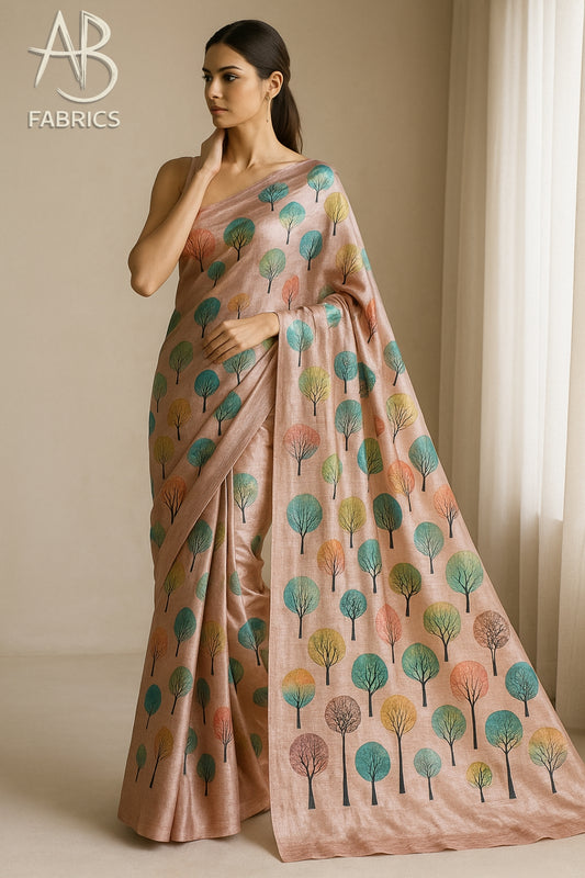 Floral Hand-Printed Pure Tussar Silk Saree FH42