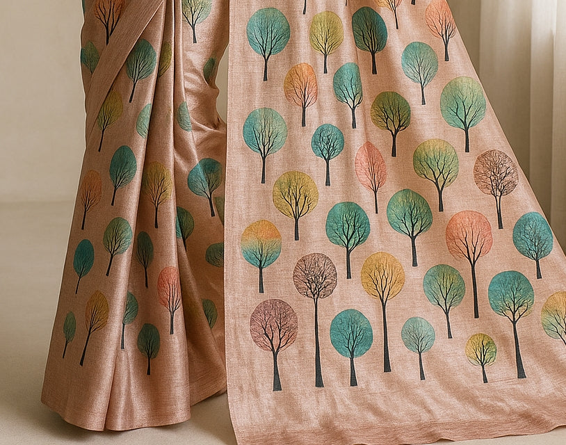 Floral Hand-Printed Pure Tussar Silk Saree FH42