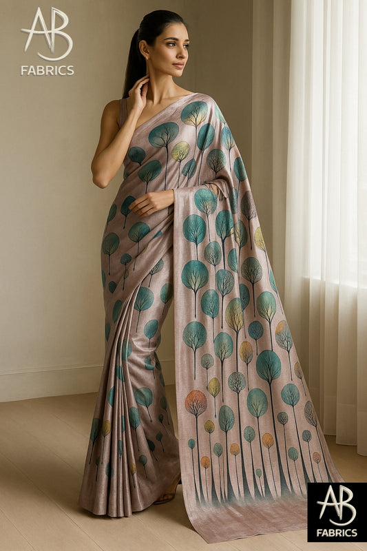 Floral Hand-Printed Pure Tussar Silk Saree FH43