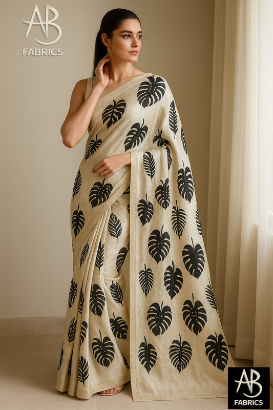 Floral Hand-Printed Pure Tussar Silk Saree FH44